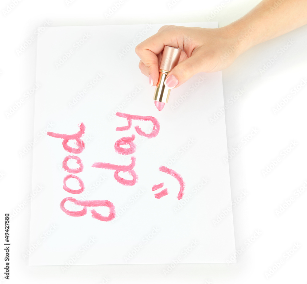 Inscription lipstick on white paper, isolated on white