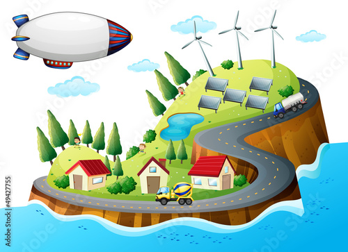 Doppelrollo mit Motiv - A village with windmills and a spaceship (von GraphicsRF)