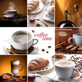 coffee collage with different cups, coffee mill and croissant