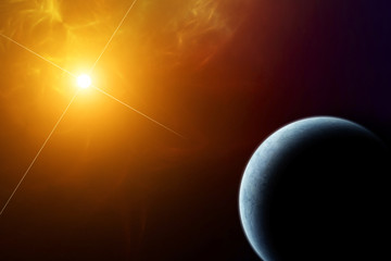 Wall Mural - planet with rising sun and nebula