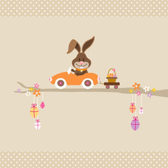 Wall Mural - Bunny On Tree Driving Car Easter Basket Beige Dots