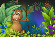 A Beaver Holding A Piece Of Wood In The Garden