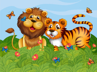 Sticker - A lion, tiger and butterflies in the garden