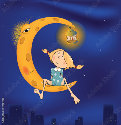 Foto-Fußmatte - The girl and the moon cartoon (von liusa)