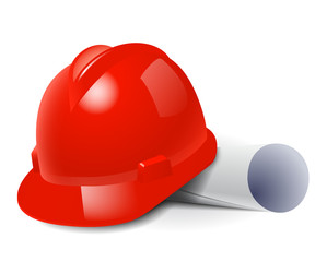 Red safety hard hat and drawings. Vector illustration