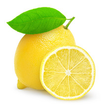 Isolated Lemon. One Whole Lemon Fruit And A Half Isolated On White Background