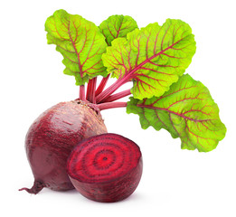 Leinwandbilder - Isolated beetroot. One fresh red beet with leaves and a half isolated on white background