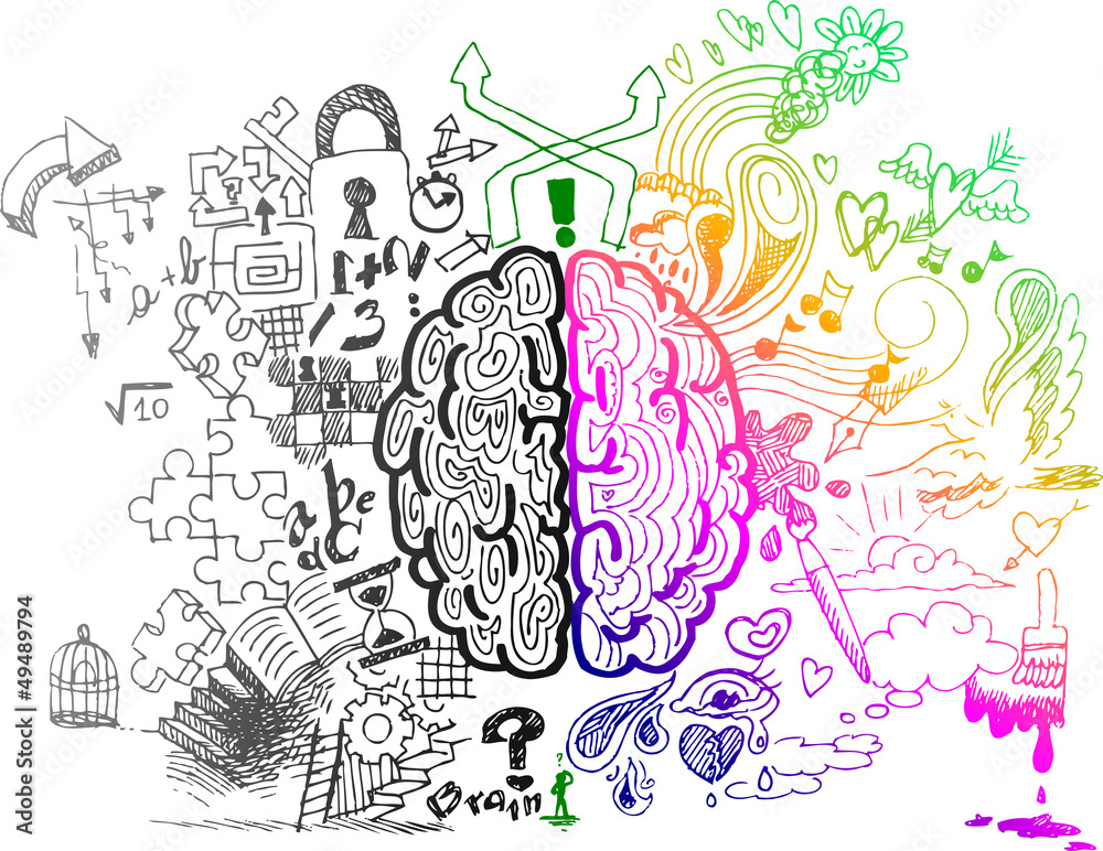 Left and right brain hemispheres sketchy doodles - obrazy, fototapety, plakaty 