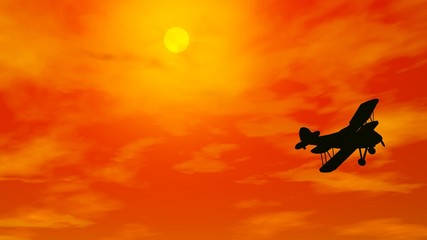 Wall Mural - Biplan in burning sky - 3D render