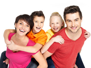 Wall Mural - Happy family with two children on white