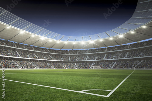 Naklejka nad blat kuchenny Trójwymiarowy stadion piłkarski z piękną zieloną murawą