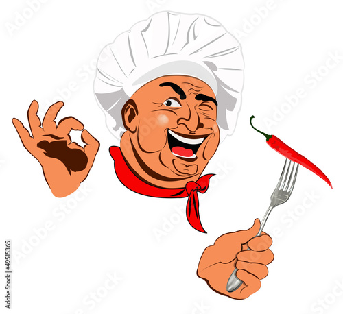 Naklejka ścienna Funny Chef and Spicy burning red pepper chilli