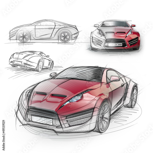 Plakat na zamówienie Sketch drawing of a sports car. Non-branded concept car.