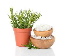 Canvas Print - Salt in a wooden bowl and rosemary