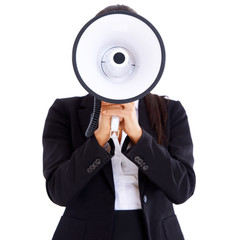 Wall Mural - Woman holding big megaphone in front of her face