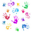 Colorful background from prints of painted hands of  family