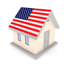 Sticker - Small house with a flag of America on a roof.