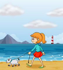 Sticker - A girl strolling at the beach with a puppy