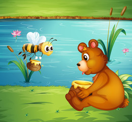 Sticker - A bear and a bee at the riverbank