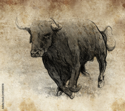 Nowoczesny obraz na płótnie Sketch made with digital tablet, bull running