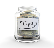 Clear Glass Jar For Tips With Coins And Bills