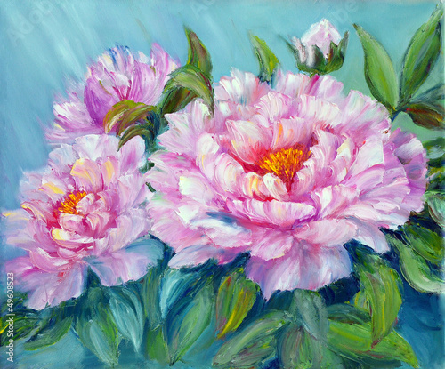 Fototapeta na wymiar Peonies, oil painting on canvas