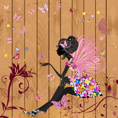 Fotomurales - Flower Fairy on a wood texture for your design