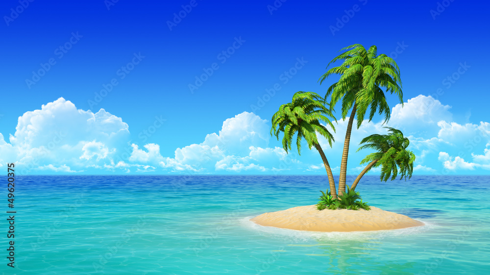 Desert tropical island with palm trees. - obrazy, fototapety, plakaty 