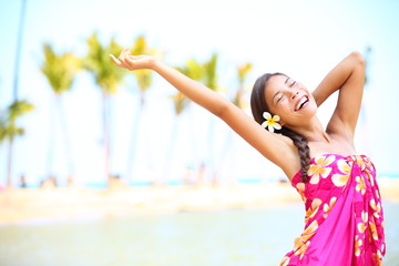 Wall Mural - Happy people on beach travel - woman in sarong