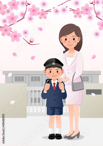 入学式 桜 親子 小学校 ランドセル イラスト 母 息子 Wall Mural Norwayblue 入学式 桜 親子 小学校 ランドセル イラスト 母 息子 Wall Mural Norwayblue