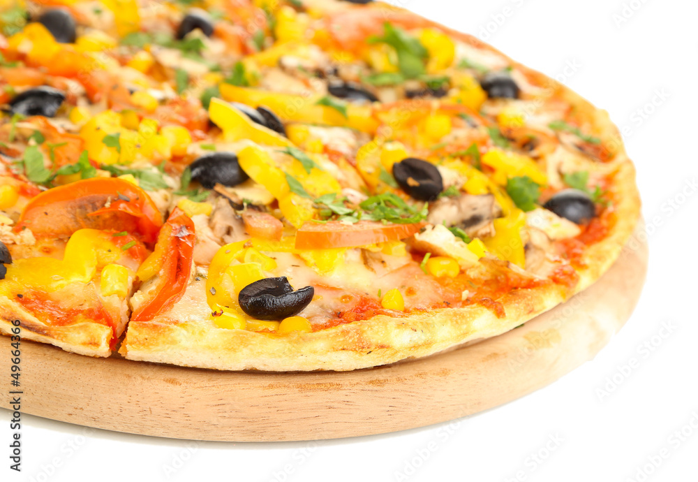 Tasty pizza with vegetables, chicken and olives isolated
