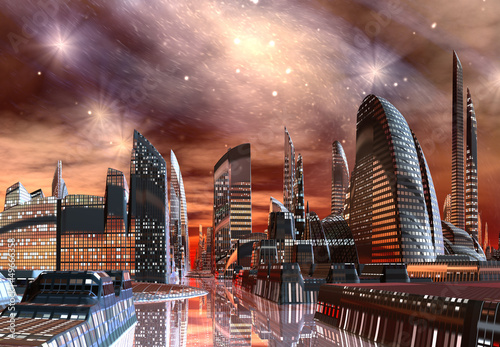 Nowoczesny obraz na płótnie Futuristic Alien City - Computer Artwork