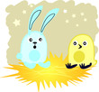 chick and rabbit under sky