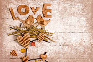 Vintage decorativ composition with two birds in love