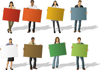 Business people holding colorful cards / boards