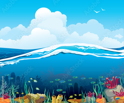 Fototapeta na wymiar Seascape with underwater creatures and cloudy sky