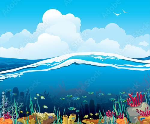 Foto-Rollo - Seascape with underwater creatures and  cloudy sky (von Natali Snailcat)