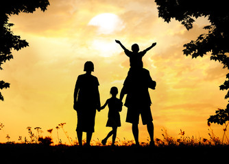 Wall Mural - Silhouette, group of happy children playing on meadow, sunset, s