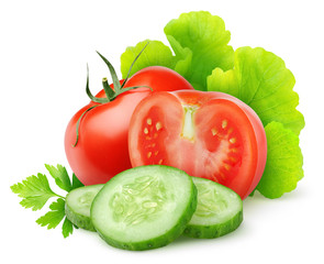 Poster - Isolated vegetables. Fresh cut tomato, cucumber and lettuce (salad ingredients) isolated on white background