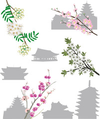 Wall Mural - set of pagoda silhouettes and spring floral branches