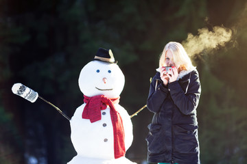 Wall Mural - Tea time with a snowman