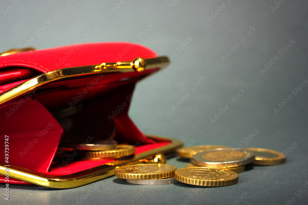 female red wallet with coins on grey background