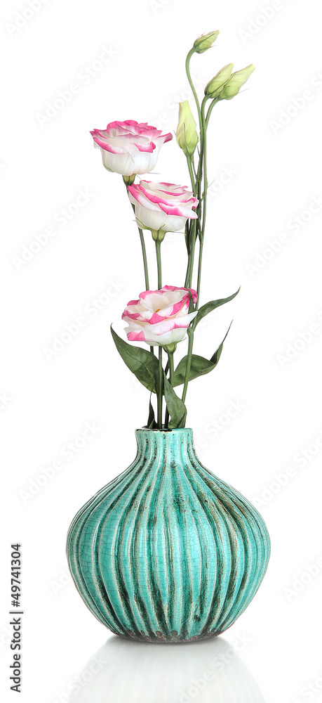 Bouquet of eustoma flowers in vase isolated on white