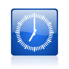 Poster - clock blue square glossy web icon on white background