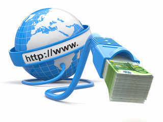 Poster - Make money online. Concept. Earth and internet cable with money.