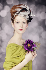 Poster - Redhead girl with Rococo hair style and flower at vintage backgr