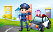 A policeman with a police car along the street 