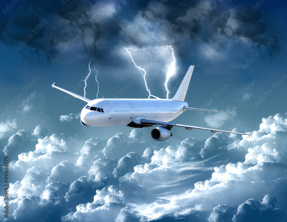 Airplane in the storm - obrazy, fototapety, plakaty 