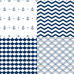 Wall Mural - Navy vector seamless patterns set: scallop, waves, anchors
