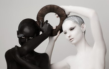 Yin & Yang Esoteric Symbol. Black & White Women Silhouettes